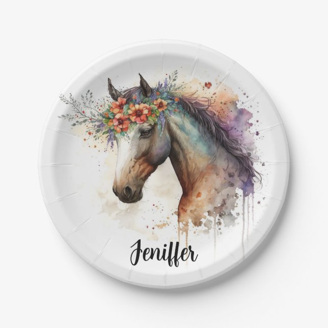 Assiettes En Carton Cheval visage avec couronne de fleurs (Devant)