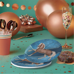 Assiettes En Carton Cheval Western Party sur Arrière - plan bleu