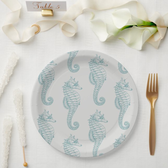 Assiettes En Carton Chevaux de mer tropicaux, Motif hippocampe - gris  (Mariage)