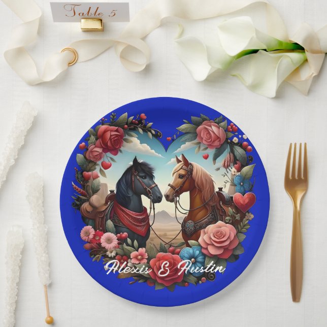 Assiettes En Carton Chevaux en bleu coeur (Mariage)