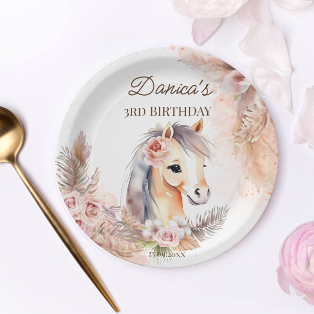 Assiettes En Carton Chevaux poney thème fête d'anniversaire vaisselle (Horse themed birthday party supplies personalized paper plates cute baby horse pastel roses pampas)