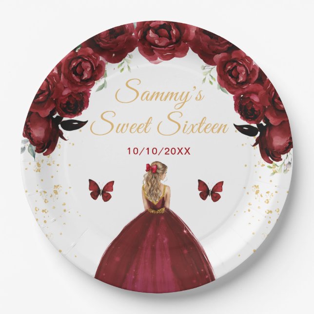 Assiettes En Carton Cheveux rouge foncé Blonde Princesse Sweet sixteen (Devant)