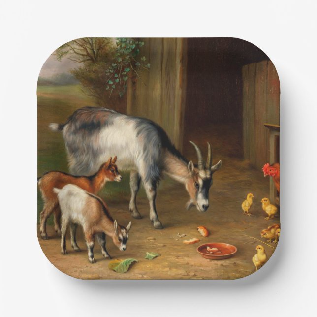 Assiettes En Carton Chèvres Et Poulets À La Ferme (Recto)