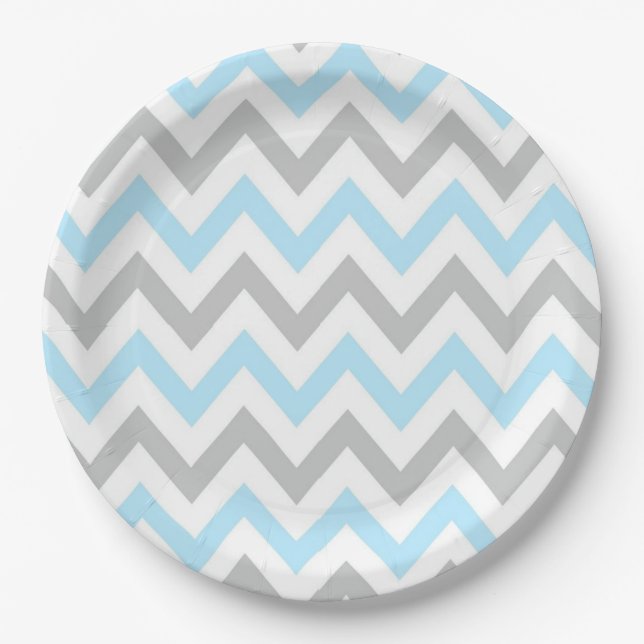 Assiettes En Carton Chevron bleu-clair et gris - moderne, garçon (Devant)