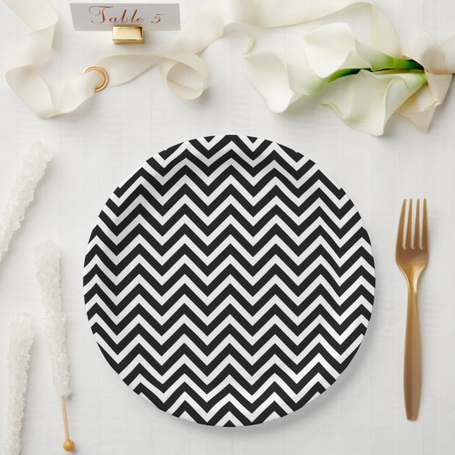 Assiettes En Carton Chevron noir et blanc (Mariage)