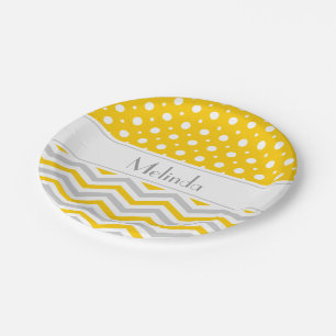 Assiettes En Carton Chevron & pois modernes jaune, gris, blanc