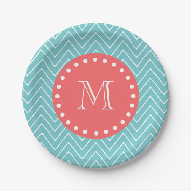 Assiettes En Carton Chevron turquoise et de corail avec le monogramme (Devant)
