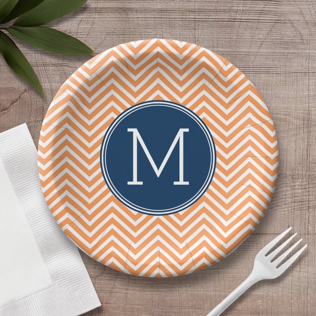 Assiettes En Carton Chevrons de marine et d'orange avec Monogramme per (Personalized birthday plate with monogram)