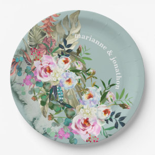 Assiettes En Carton Chic Aquamarine Personnalisé Floral Eucalyptus