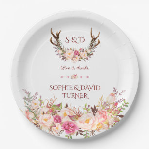 Assiettes En Carton Chic aquarelle rose blush floral cornes de cerf ma