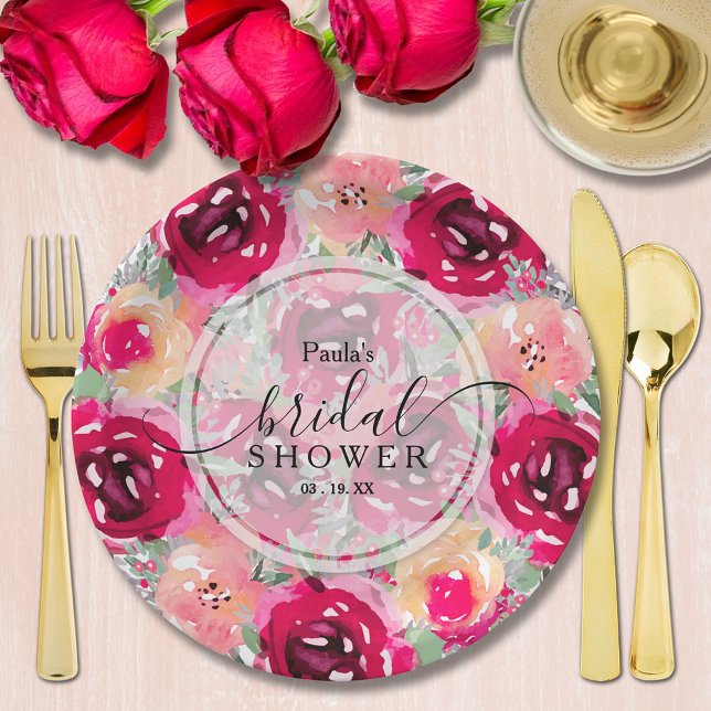 Assiettes En Carton Chic Aquarelle rose Fête des mariées florale (Chic pink and cream watercolor floral bridal shower personalized paper plates)