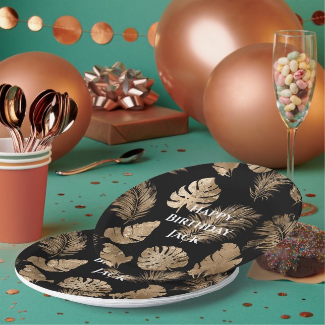 Assiettes En Carton Chic Black Gold Tropical Feuilles (Multi)