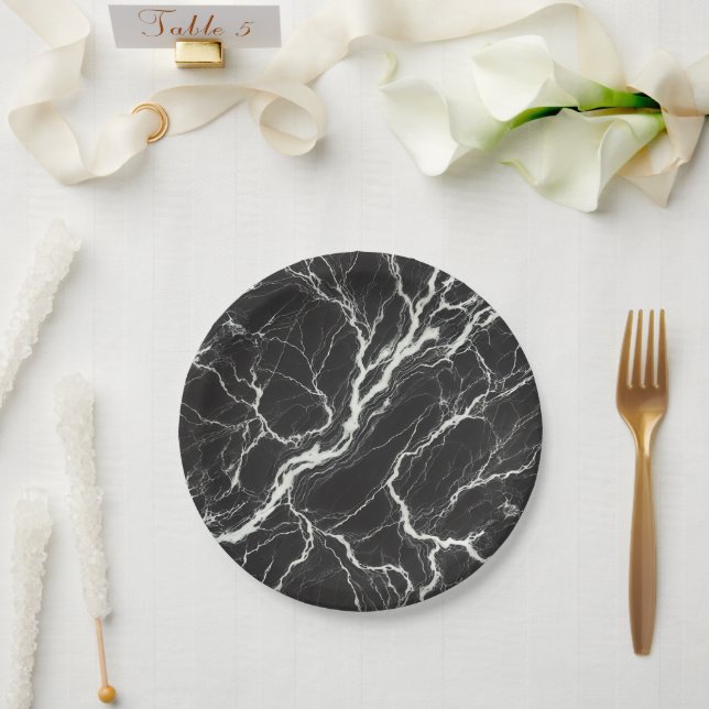 Assiettes En Carton Chic Black & Marbre blanc Look Glamor (Mariage)