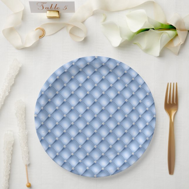 Assiettes En Carton Chic Bleu Argent Faux Tufé (Mariage)