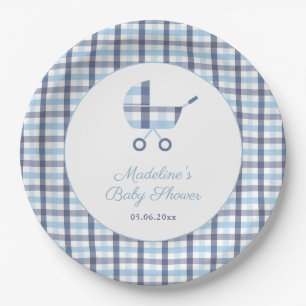 Assiettes En Carton Chic Bleu Blanc Check Buggy Boy Baby shower Party