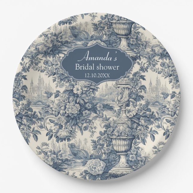 Assiettes En Carton Chic Bleu toile de jouy douche nuptiale (Devant)