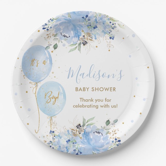 Assiettes En Carton Chic Blue Balloons Blue Floral Boy Baby shower (Devant)