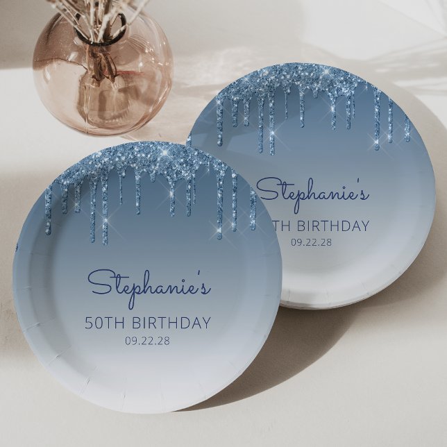 Assiettes En Carton Chic Blue Parties scintillant Drip 50th Birthday P (Créateur téléchargé)