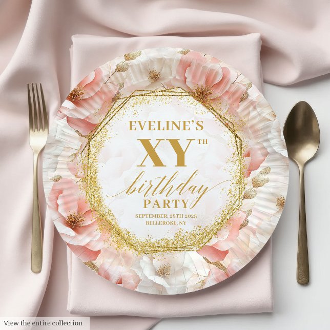 Assiettes En Carton Chic Blush Floral Gold Plaques papier d'anniversai (Chic Blush Floral Ivory Gold Birthday Paper Plates

)