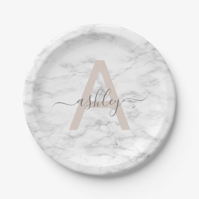 Assiettes En Carton Chic Blush Pink White Marble Script Nom monogram (Devant)