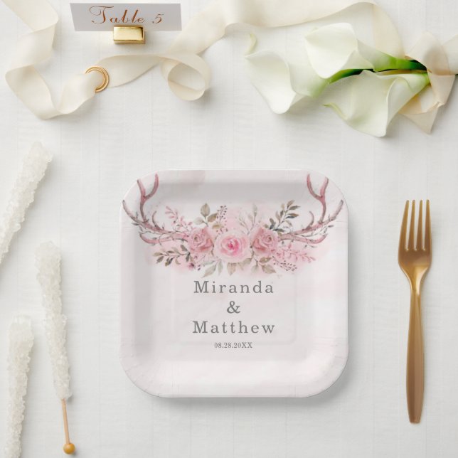 Assiettes En Carton Chic Blush Rose Sage Deer Antlers Mariage Floral (Mariage)