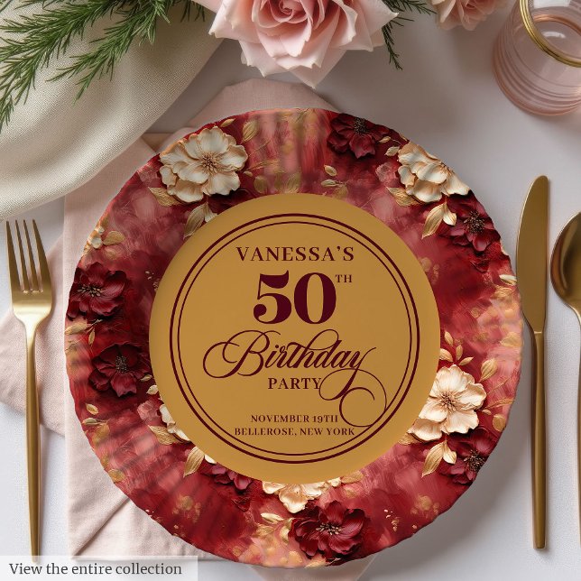 Assiettes En Carton Chic Boho Marsala Blush Gold 50e anniversaire (Chic Boho Marsala Blush Gold 50th Birthday Paper Plates)