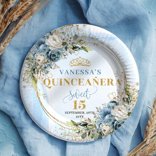 Assiettes En Carton Chic Boho Pastel Blue Floral Greenery Gold Glitter (Boho Pastel Blue Floral Greenery Gold Glitter Plates)