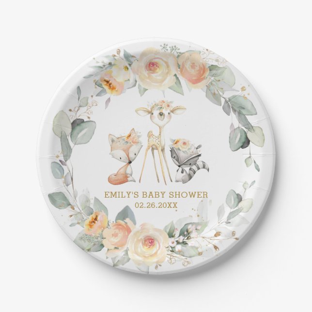 Assiettes En Carton Chic Bois Animaux Jaune Baby shower Floral (Devant)