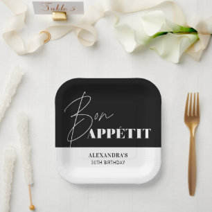 Assiettes En Carton Chic Bon Appétit Anniversaire Noir et Blanc