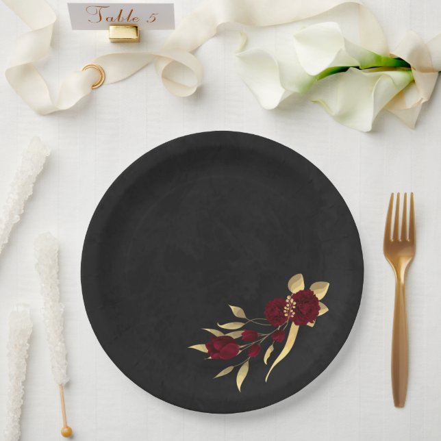 Assiettes En Carton Chic bordeaux et or noir (Mariage)
