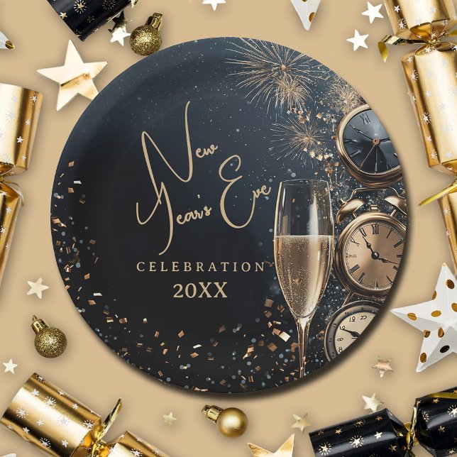 Assiettes En Carton Chic Champagne Time New Year's Eve (Chic Champagne and Clocks New Year's Eve paper plates, 7" or 9")