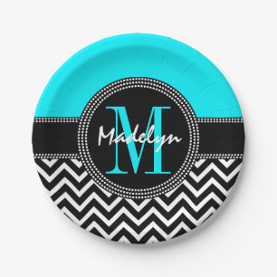 Assiettes En Carton Chic Chevron Bright Aqua Anniversaire Monogramme