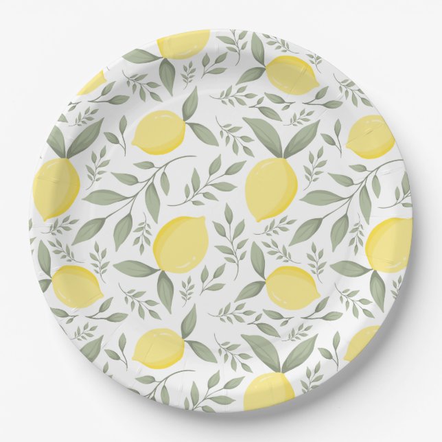 Assiettes En Carton Chic citron et Motif Feuille Monogramme (Devant)