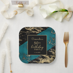 Assiettes En Carton Chic Cyan Marbre or Paint Paint Texture Anniversai