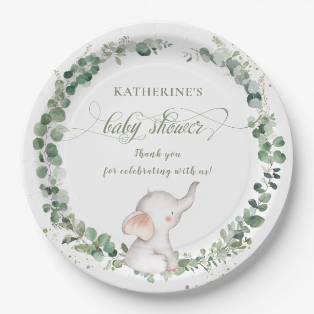 Assiettes En Carton Chic Elephant Green Baby shower neutre genre (Devant)