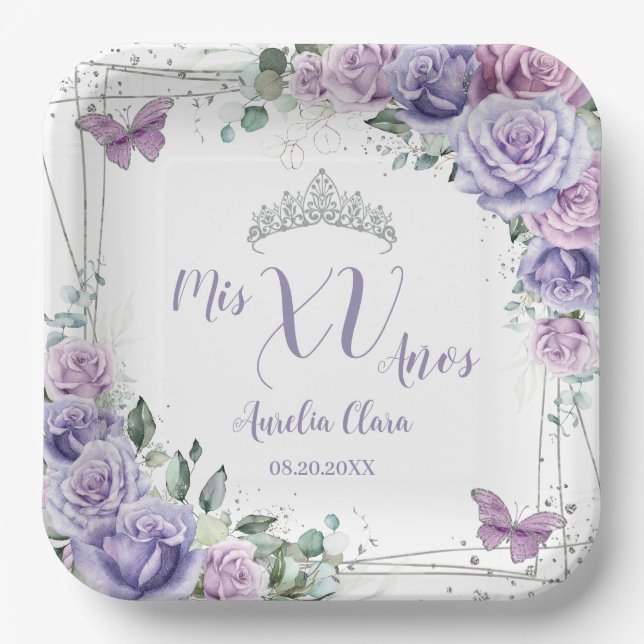 Assiettes En Carton Chic Fleurs de Lilas Violet Papillons Quinceañera  (Recto)
