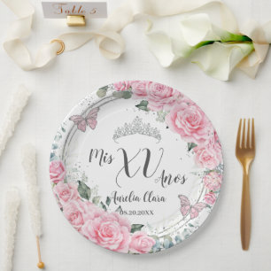 Assiettes En Carton Chic Fleurs Roses Papillons Argent Quinceañera XV