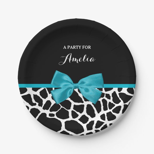 Assiettes En Carton Chic Giraffe Imprimer Aqua Blue Ribbon Bow avec no (Devant)