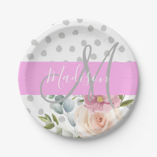 Assiettes En Carton Chic & Girl Floral Blanc rose Gris Nom
