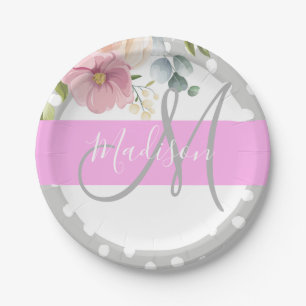 Assiettes En Carton Chic & Girl Floral White Pink Gray Nom du monogram