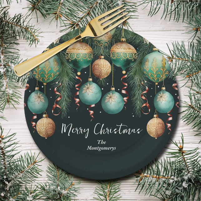 Assiettes En Carton Chic Gold and Green Christmas Tree Ornaments (Chic gold and green Christmas tree ornaments paper napkins)