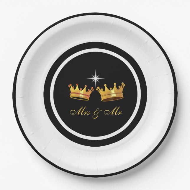 Assiettes En Carton Chic Golden Crowns sur Mariage noir & blanc (Devant)
