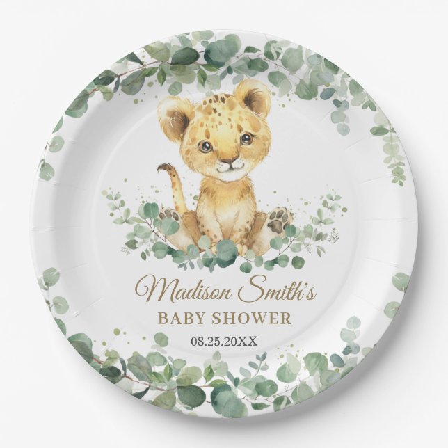 Assiettes En Carton Chic Greenery Adorable Lion Cub Boy Baby Shower  (Devant)