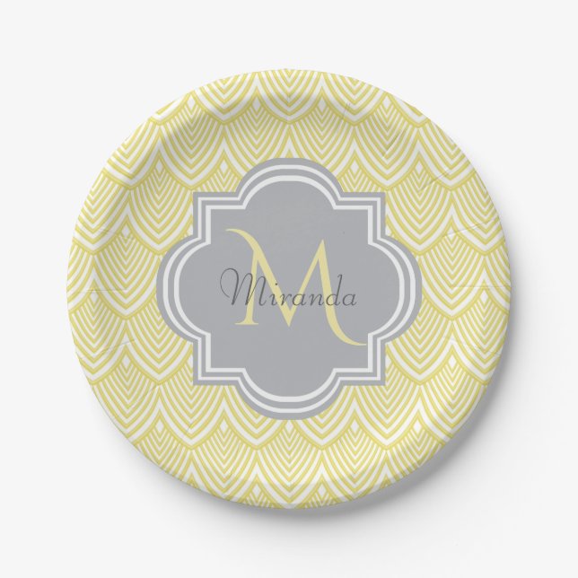 Assiettes En Carton Chic Jaune Art Déco Scallops Grey Monogramme Nom (Devant)