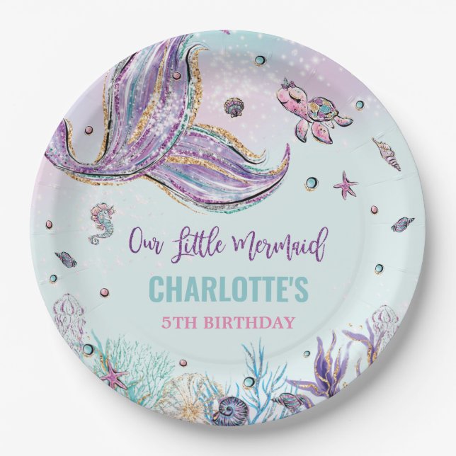 Assiettes En Carton Chic Mermaid Queue sous la mer fille anniversaire (Devant)