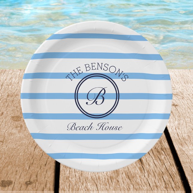 Assiettes En Carton Chic Monogram Blue Stripes Family Beach House (Créateur téléchargé)