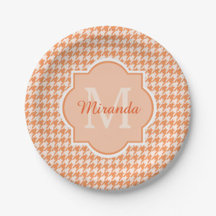 Assiettes En Carton Chic Monogram Orange Houndstooth Avec Nom