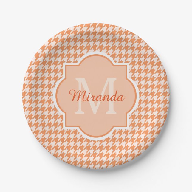 Assiettes En Carton Chic Monogram Orange Houndstooth Avec Nom (Devant)
