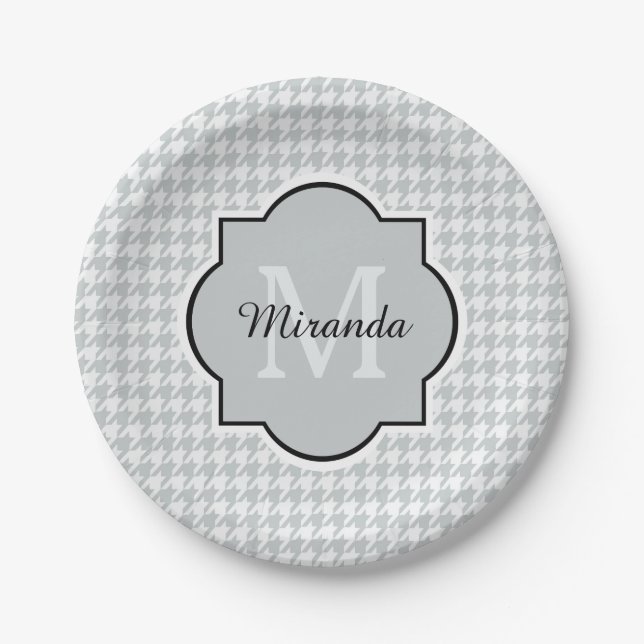 Assiettes En Carton Chic Monogramme Gris Doux Houndstooth Avec Nom (Devant)