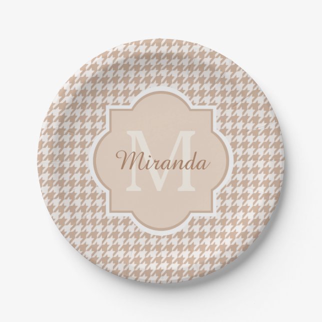 Assiettes En Carton Chic Monogramme Houndstooth Brown Avec Nom (Devant)